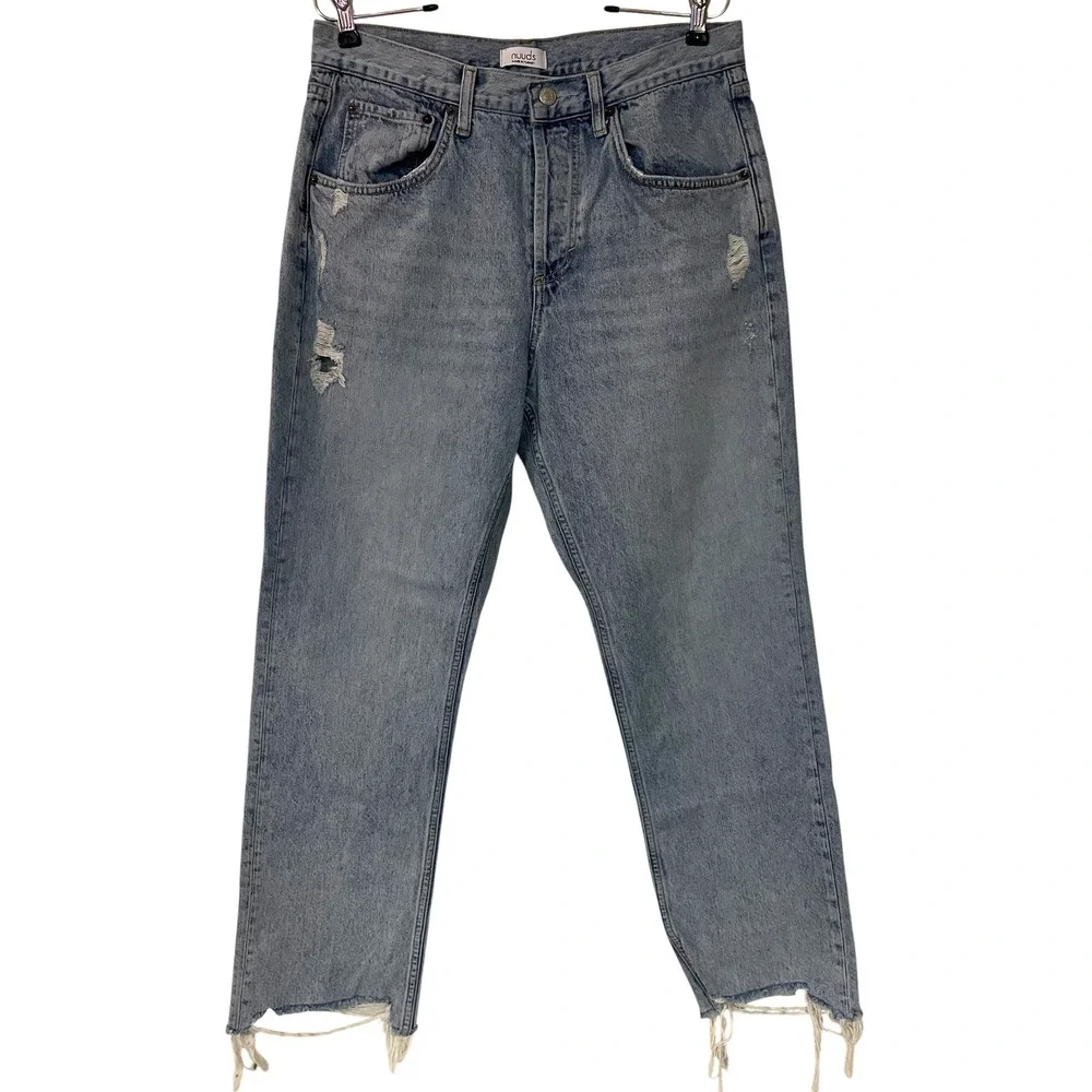 nuuds Curvy High Waisted Straight Leg Distressed Jeans Light Wash Blue Grunge 29